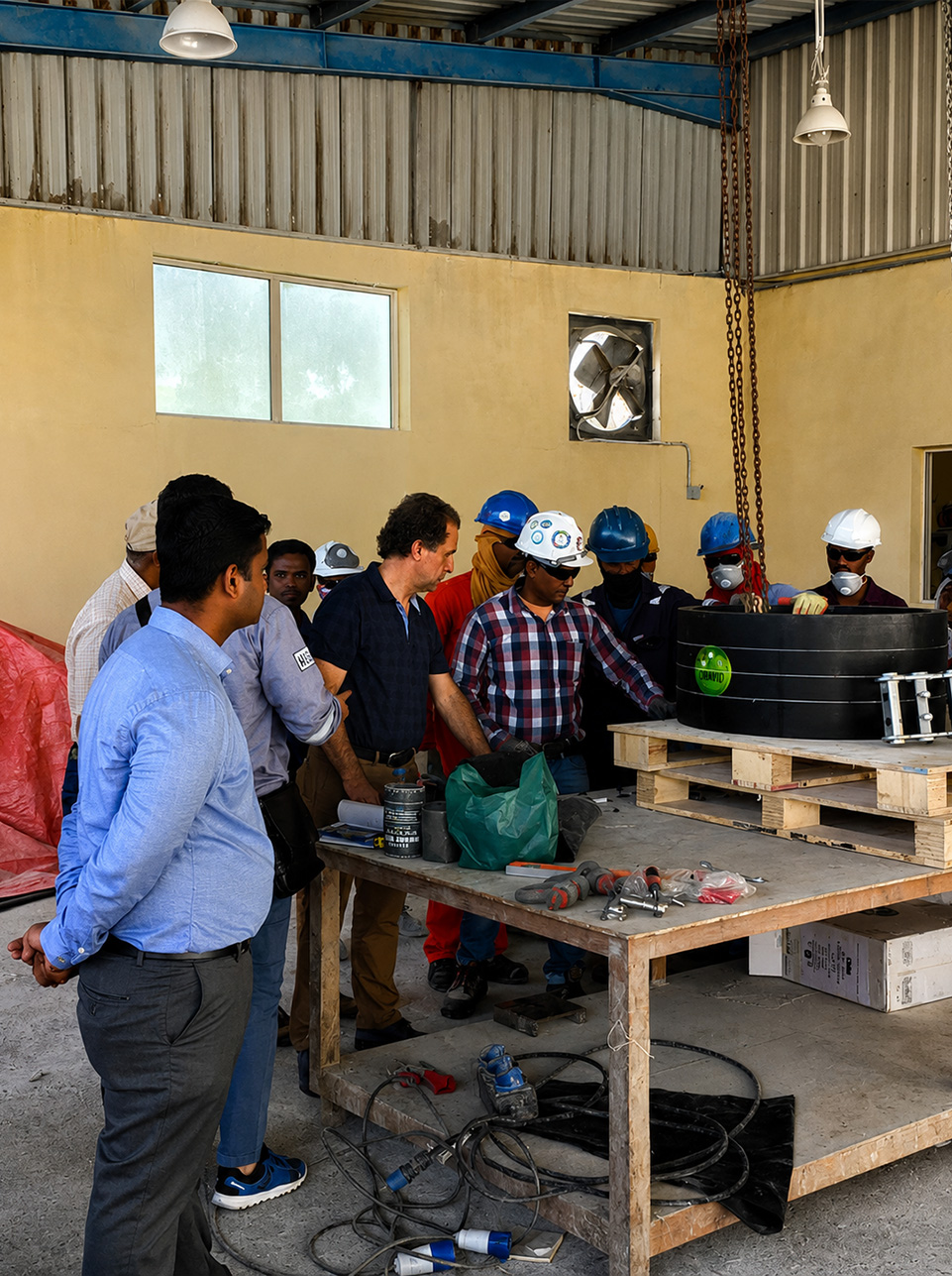 HDPE pipe fitting training and product demonstration session at Tubi Group facility with technicians and customers
